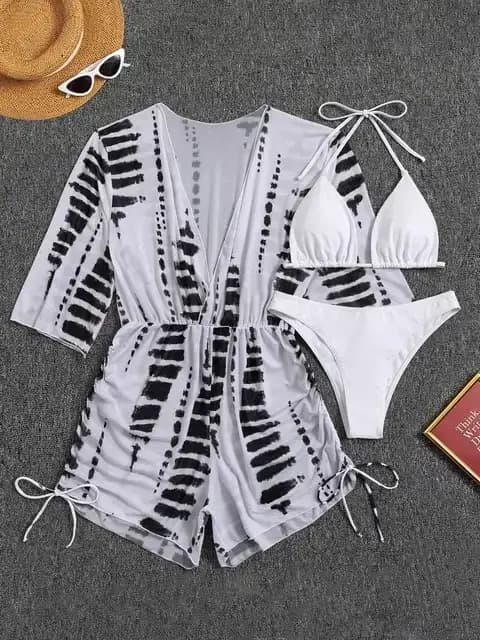 3 pièces Tankini imprimé Tropical maillot de bain licou cordon maillots