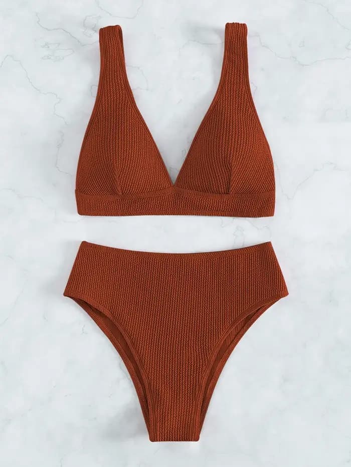 Ensemble bikini texturé pour femme - Maillot de bain string taille haute