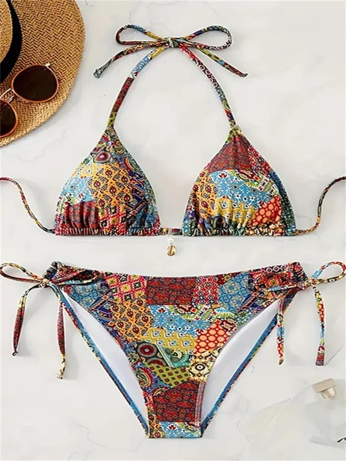 Bohème imprimé Bikinis licou String dos nu maillot de bain Push Up Bikini pendentif vacances maillot