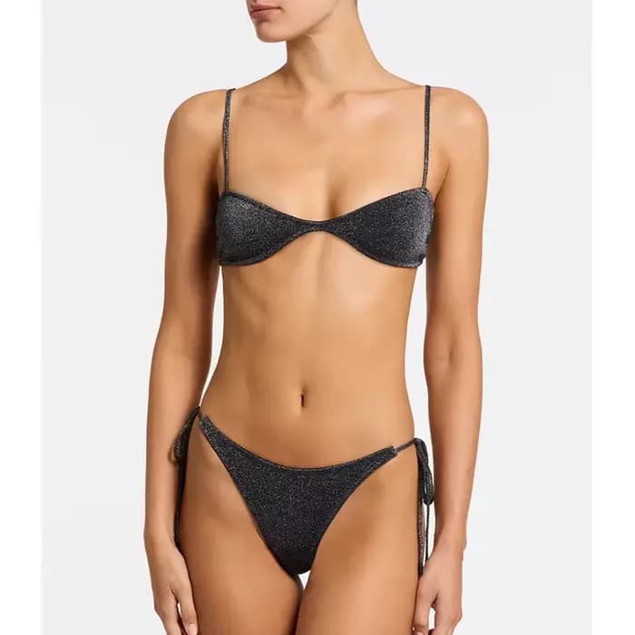 Maillot de bain noir brillant pour femmes, bikini brésilien, fendu avec coussinets de poitrine, culo