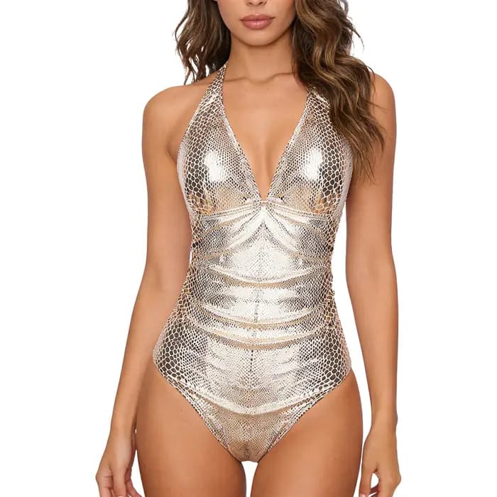 Maillot de bain une pièce brillant effet métallisé pour femme, motif peau de serpent, avec laçage et col halter