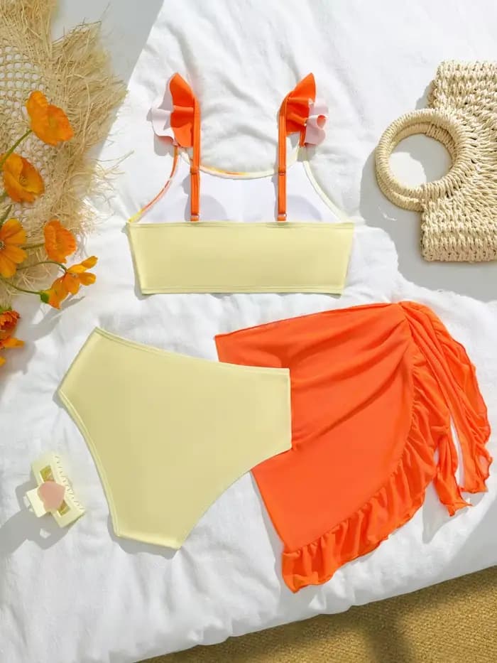 Maillot de bain bikini pour filles, nouvelle collection 2026, motif fleurs orange, volants, bretelles, maillot de bain trois pièces en maille pour enfants, tenue de plage estivale