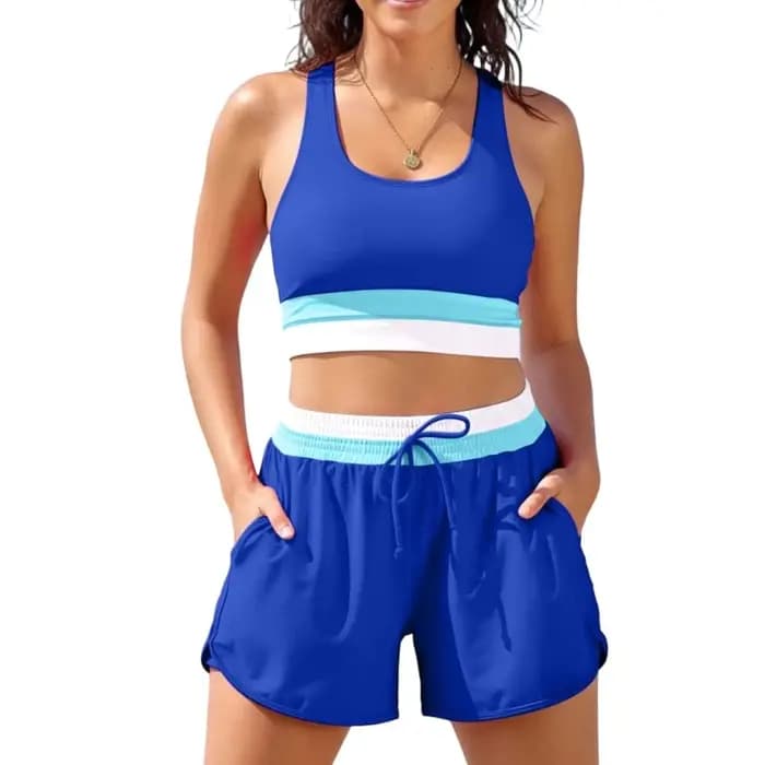 Ensemble de shorts de bain élégants, maillot de bain deux pièces flexible, texture polyester, taille haute, adapté au bain de soleil et à l'eau
