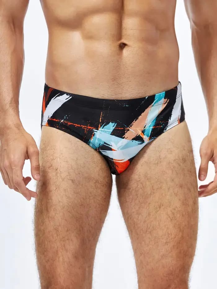 Short de bain sportif pour hommes, coupe triangle, imprimé à motifs géométriques, séchage rapide, adapté aux piscines et aux plages