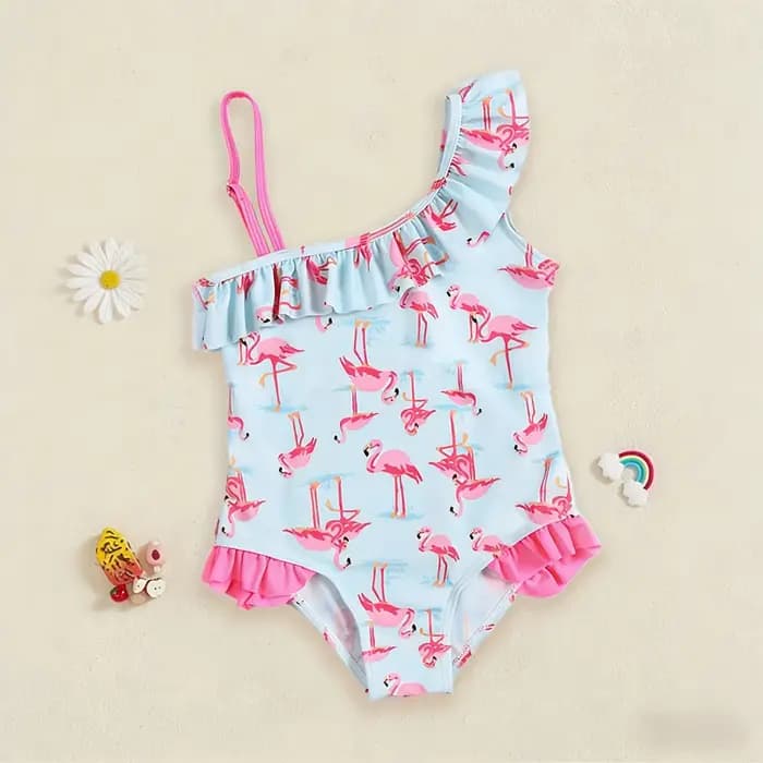 Maillot de bain flamant rose pour filles, asymétrique épaule dénudée, à volants, imprimé bleu clair, pour plage, piscine, vacances, tenue pour tout-petits