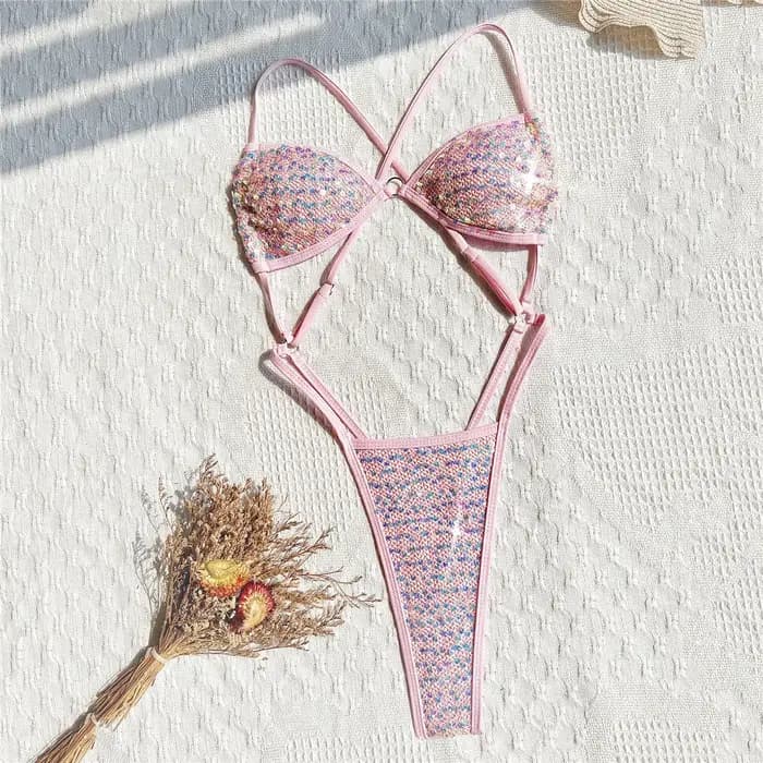 Maillot de bain micro bikini rose à sequins brillants