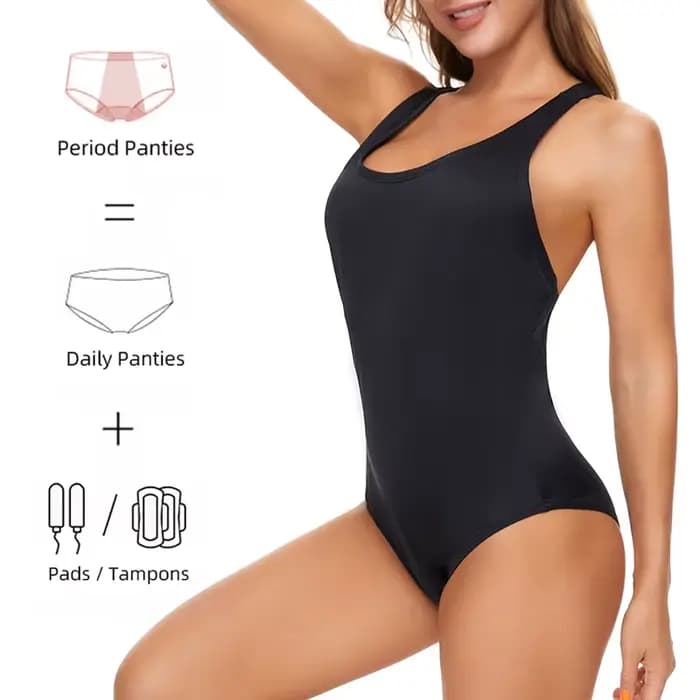 Maillot de bain menstruel une pièce, 4 couches, anti-fuites, absorbant, adapté aux post-partum et aux incontinences menstruelles.
