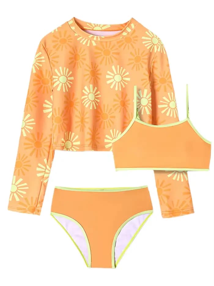 Maillot de bain bikini pour filles 2026, nouveau ensemble bikini imprimé jaune, maillot de bain pour enfants, manches longues, trois pièces, tenue de plage