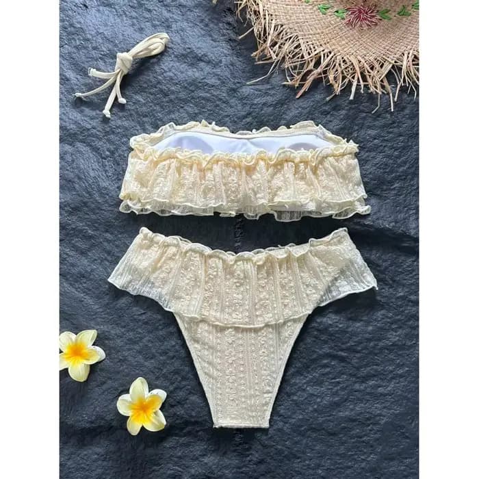 Ensemble bikini sans bretelles en dentelle à double couche Mibai pour femmes, maillot de bain deux pièces, maillot de bain décontracté pour les vacances d'été à la plage
