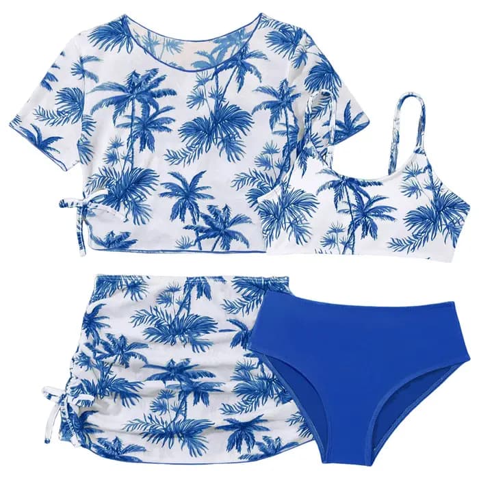 Ensemble de bikini 4 pièces pour filles, maillot de bain imprimé palmier de coco, avec jupe de plage et haut court à manches courtes, maillot de bain pour adolescentes