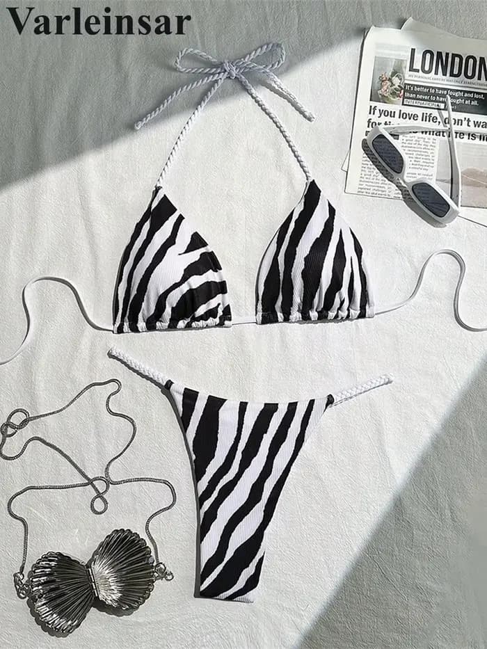 XS - L Zebra Halter Mini Thong Bikini Maillot de bain femme Ensemble bikini deux pièces rembourré V6759