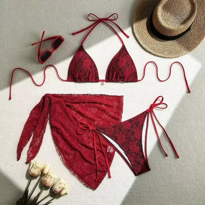 Ensemble de bikini brésilien sexy décontracté à bretelles, jupe de plage en maille, maillot de bain trois pièces en nylon, bikinis en dentelle rouge pour l'été