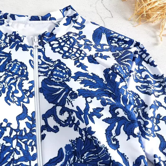 Maillot de bain une pièce, manches longues, fermeture éclair sur le devant, bleu, blanc, pour Surf et Sarong, amincissant, vêtements de plage