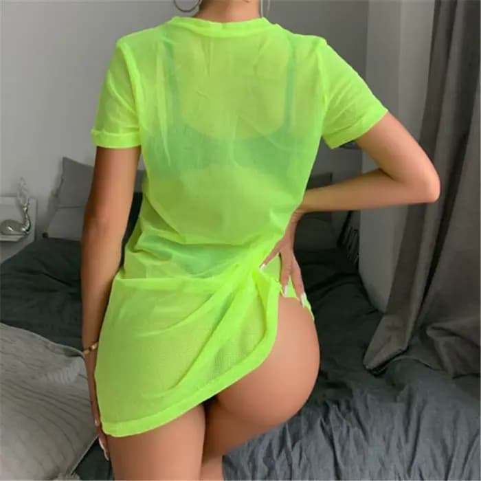 Robe de plage en résille pour femme, mini-robe de plage fluorescente verte et orange, paréo de bain pour l'été