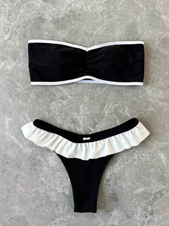 Maillot de bain femme sans bretelles, ensemble 2 pièces, couleur unie, patchwork, push-up, à volants, string, pour la plage et les sources chaudes, nouvelle collection 2026