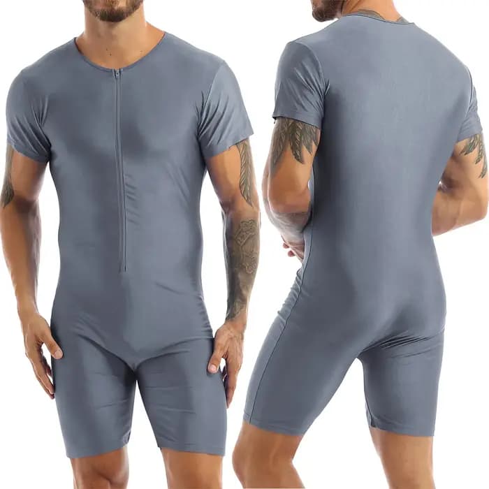 Maillot de bain une pièce pour hommes, manches courtes, fermeture éclair, brillant, doux, Boxer, body, plage, piscine, fête, protection contre les éruptions cutanées