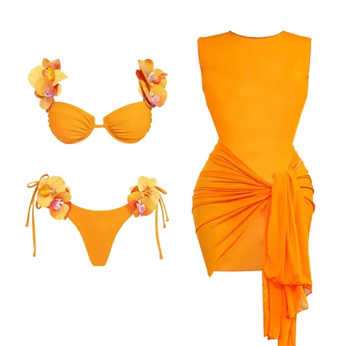 Ensemble bikini fleuri avec jupe, maillot de bain sexy 3 pièces pour femme, maillot de bain push-up, bandeau, biquini, combinaison de bain, vêtements de plage