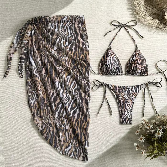 Maillot de bain trois pièces pour femme, motif léopard avec sarong, bikini à bretelles, ensemble de