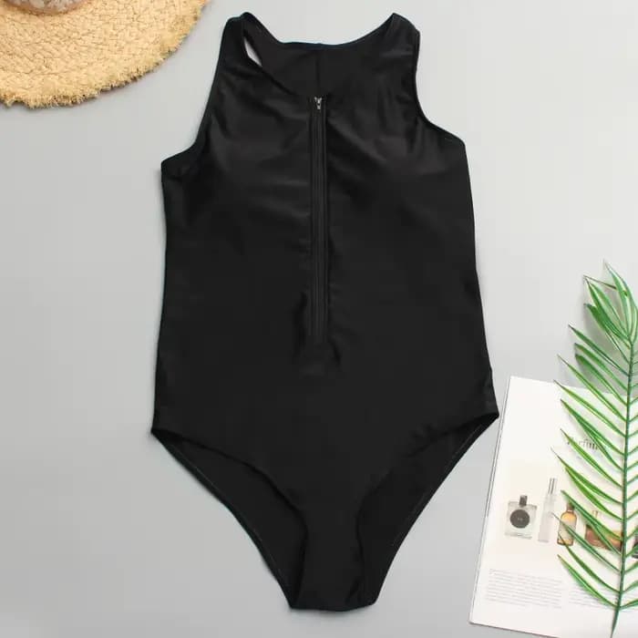 Maillot de bain une pièce noir pour femmes, grande taille, fermeture éclair, devant, rembourré, Mono