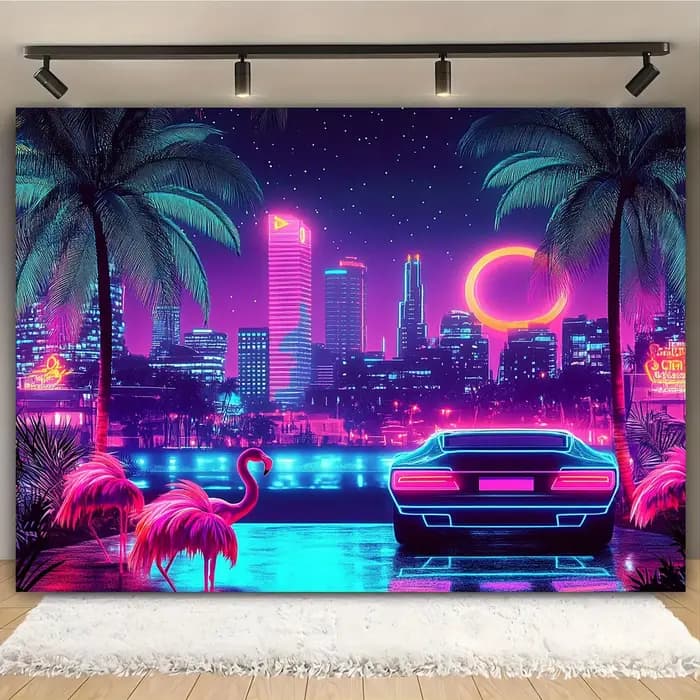 Une pièce, fond de thème tropical disco d'été rétro néon Miami années 80
