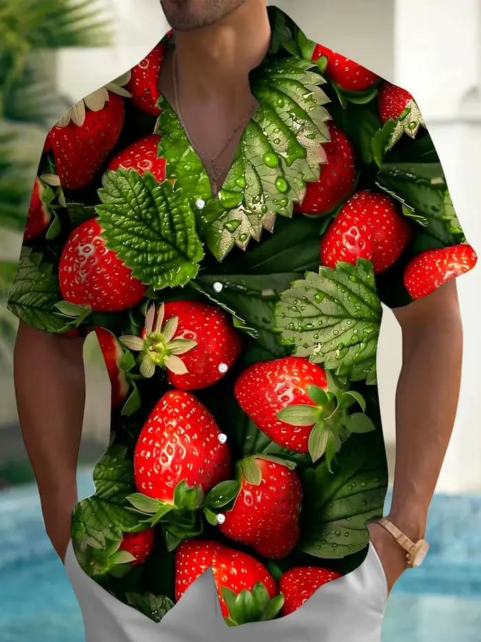 Chemise hawaïenne à manches courtes pour hommes, imprimé fruits fraises, tissu en Polyester, adapté