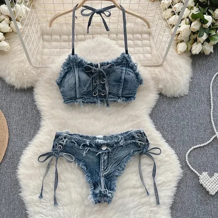 Maillot de bain femme sexy en jean, ensemble bikini à lacets et cordon de serrage, tenue de plage 2025, maillot de bain deux pièces vintage uni pour l'été