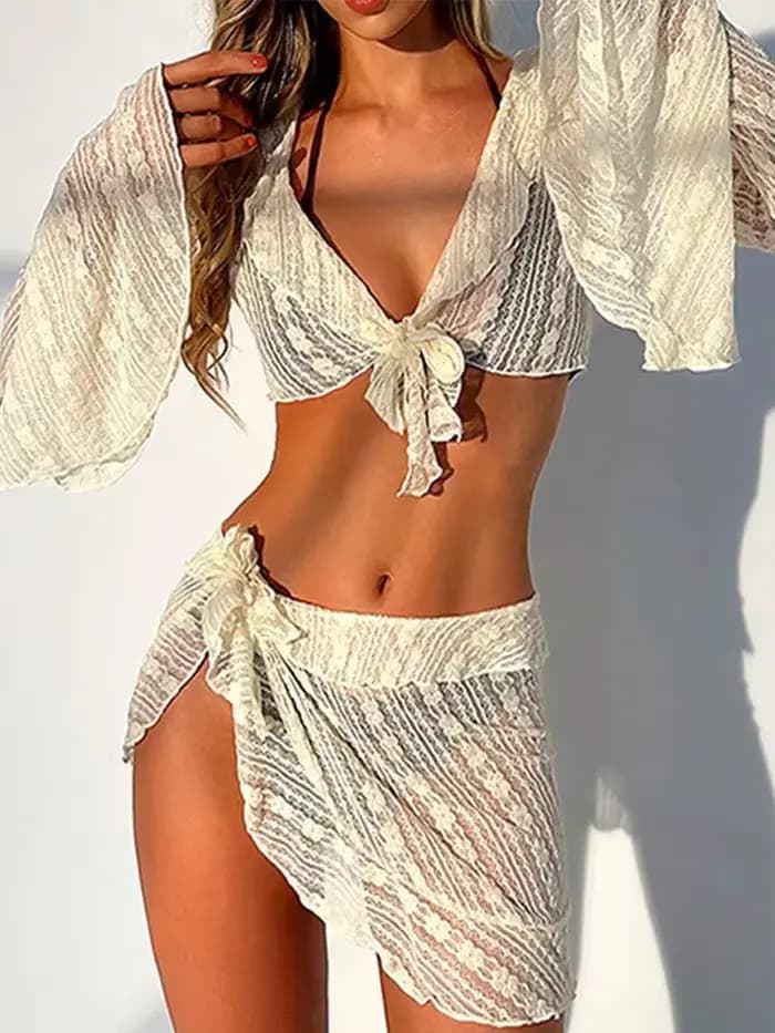 Maille Bikini quatre pièces ensemble pour femmes Lingerie Sexy à lacets Transparent hanche paquet jupe tenues 2025 été Chic dame plage ensemble