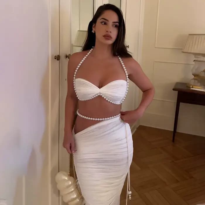 Perle 3 pièces Bikini ensemble 2025 Bandeau Biquini femmes Sexy maillot de bain Push Up maillots de bain femme maille jupe blanc maillot de bain maillots de bain