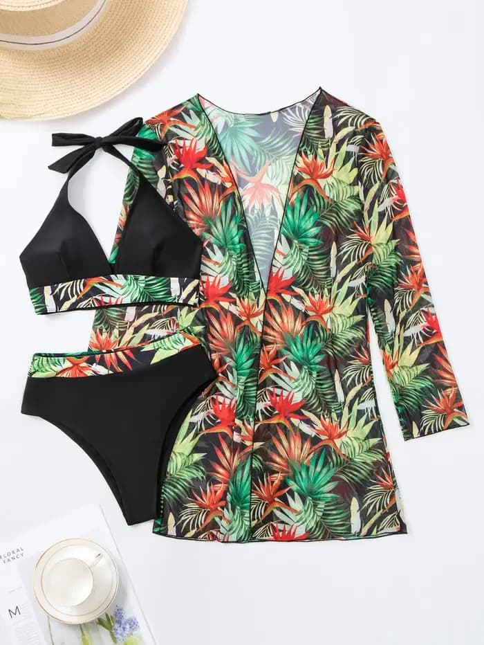 Licou imprimé Bikini ensembles 3 pièces femmes maillot de bain avec Kimono taille haute maillots de bain femmes baigneurs maillot de bain maillots de bain