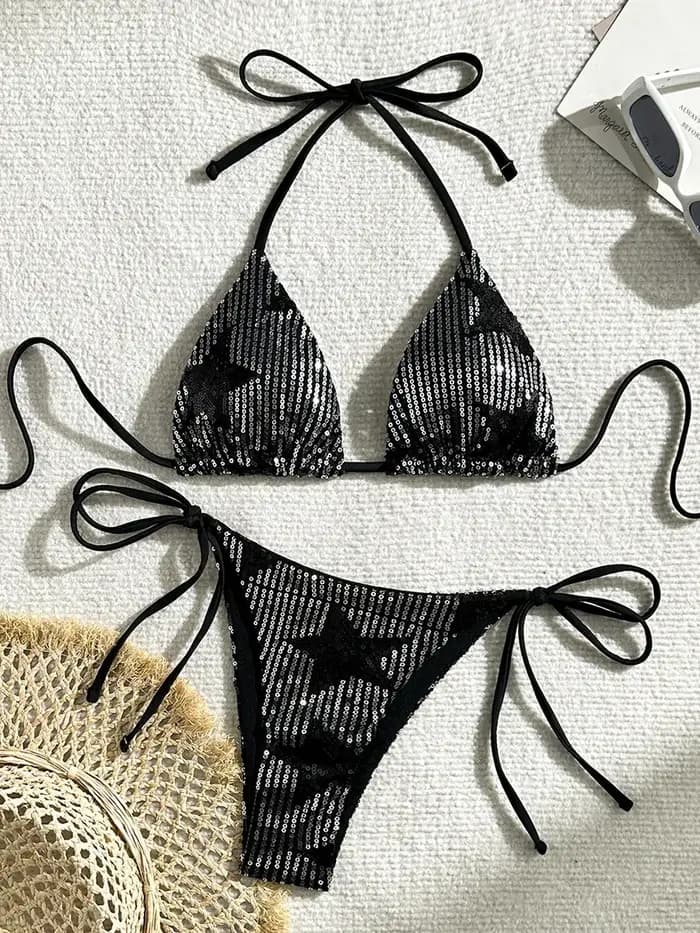 Maillot de bain deux pièces à sequins pour femmes, étoile brillante, licou, bikini, ensemble, brésilien, vêtements de plage, 2025