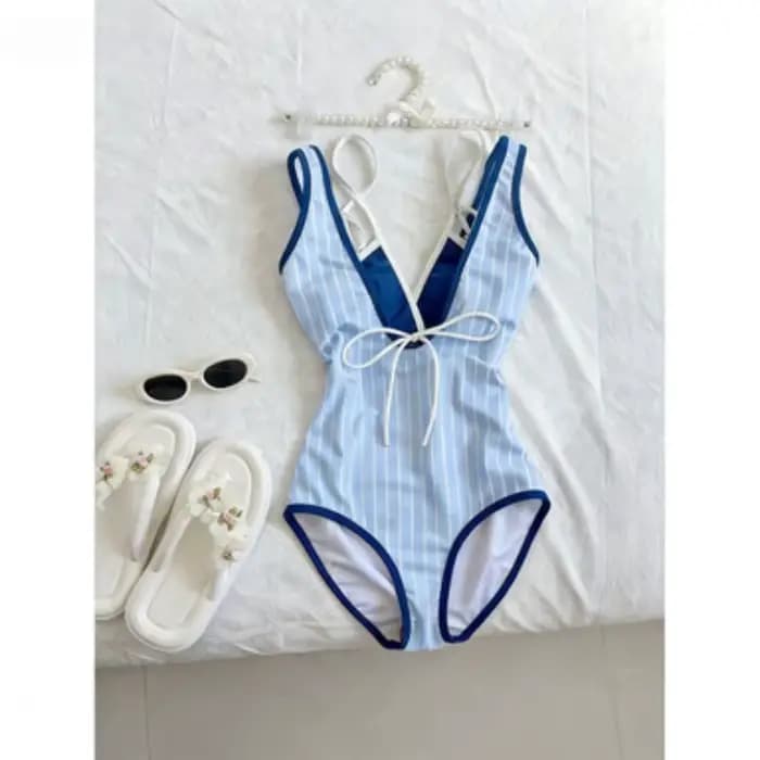 Maillot de bain une pièce rayé bleu et blanc Y2k pour femme, style plage, coupe ajustée, sexy, élégant, pour les vacances d'été