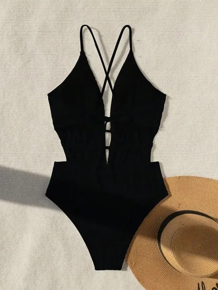 Sexy côtelé maillot de bain une pièce col en v profond Bikinis body dos cravate maillots de bain taille haute maillot de bain maillots de bain Biquini Tankini