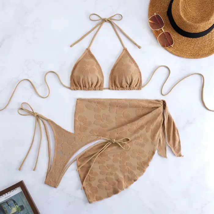 Sexy Bikini ensemble femmes licou Push Up soutien-gorge jupe 3 pièces maillot de bain couvrir string maillots