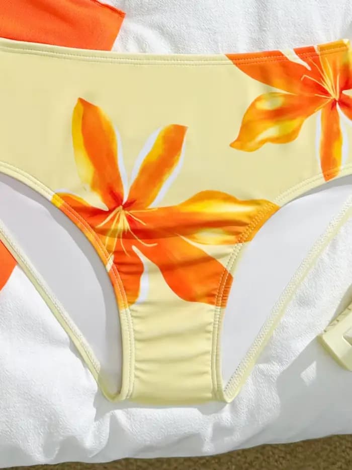 Maillot de bain bikini pour filles, nouvelle collection 2026, motif fleurs orange, volants, bretelles, maillot de bain trois pièces en maille pour enfants, tenue de plage estivale