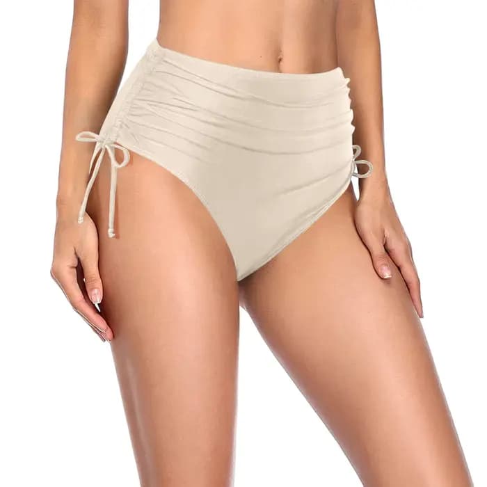 Bas de bain moulant basique pour femmes, couleur unie, taille haute, couverture complète, Bikini fendu, slip de plage, cordon de serrage