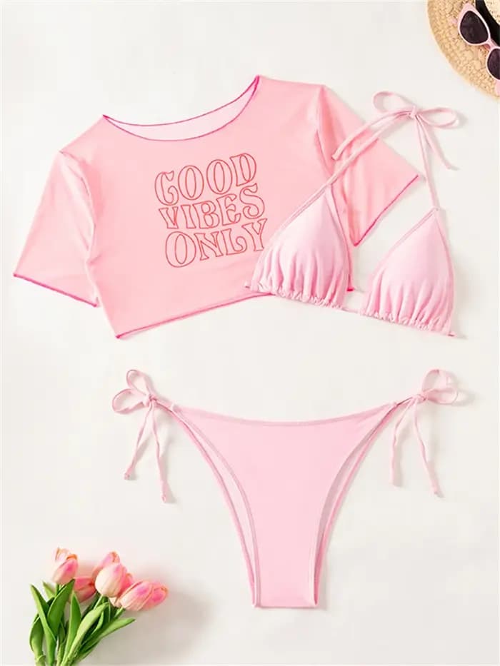 Maillot de bain bikini femme 2026 Nouveau ensemble rose sexy à bretelles avec manches courtes et lettres