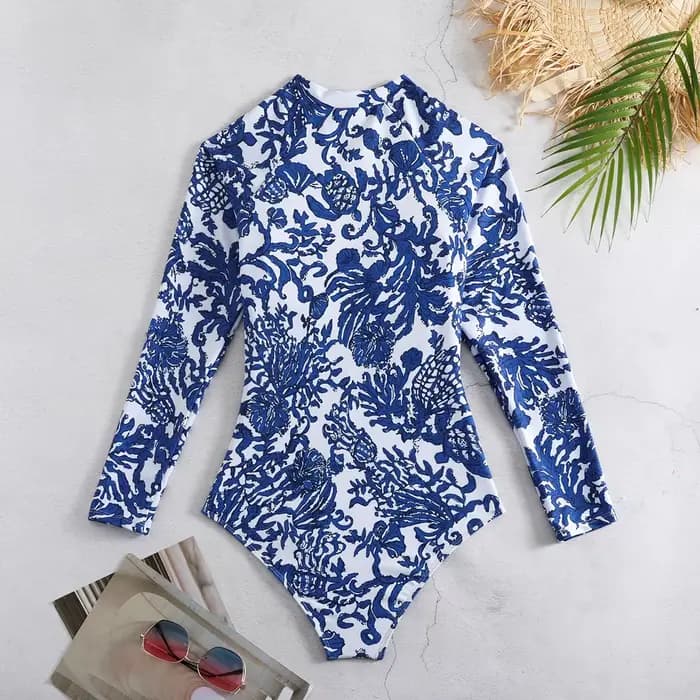 Maillot de bain une pièce, manches longues, fermeture éclair sur le devant, bleu, blanc, pour Surf et Sarong, amincissant, vêtements de plage