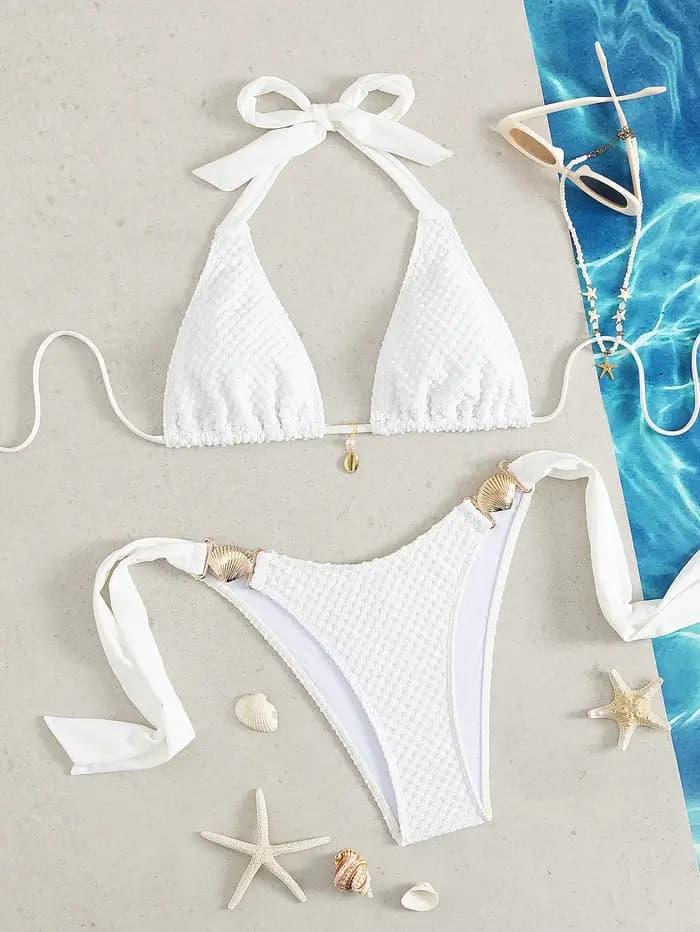 Sexy blanc Bikini 2026 Mujer femmes coquille en métal pansement string maillot de bain été Push Up soutien-gorge plage maillot de bain vacances maillots de bain