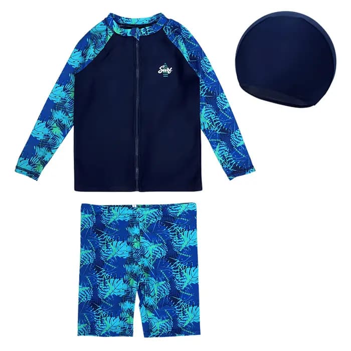 Maillot de bain à manches longues pour enfants, protection solaire pour garçons, haut à fermeture éclair avec short, chapeau anti-éruption, combinaison de plage, piscine, bain trempé