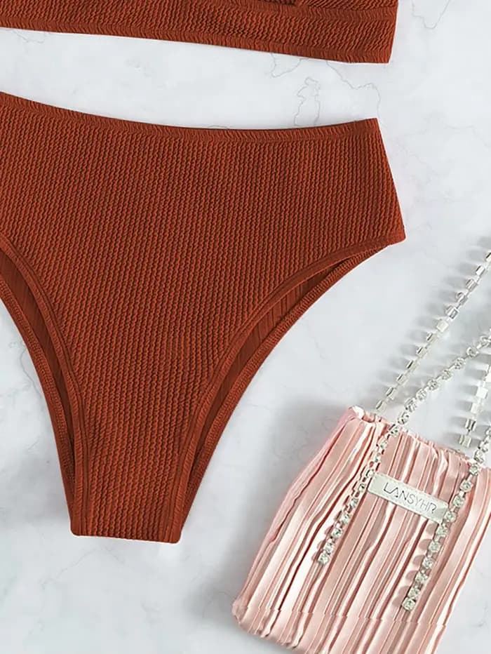 Ensemble bikini texturé pour femme - Maillot de bain string taille haute
