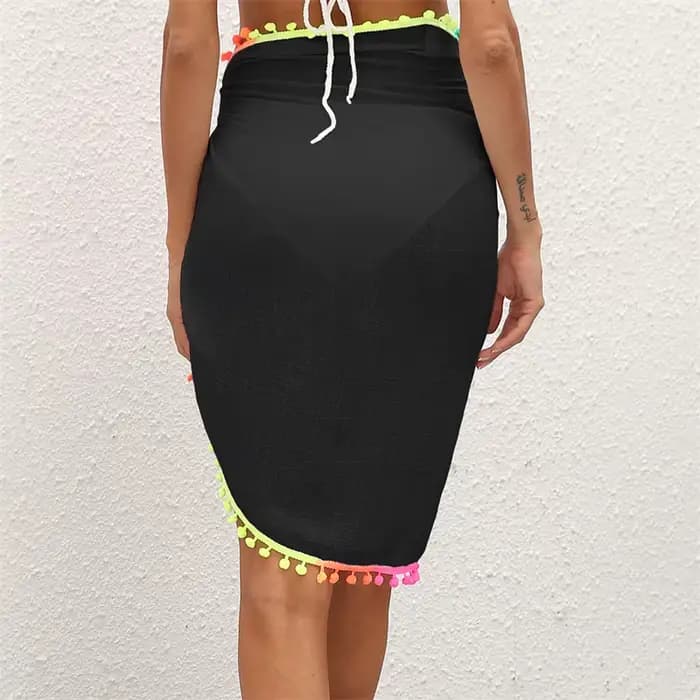 LAMUUSAA-Jupe de Plage Sexy en Maille Transparente pour Femme, Bikini avec Pompons Colorés, Sarong