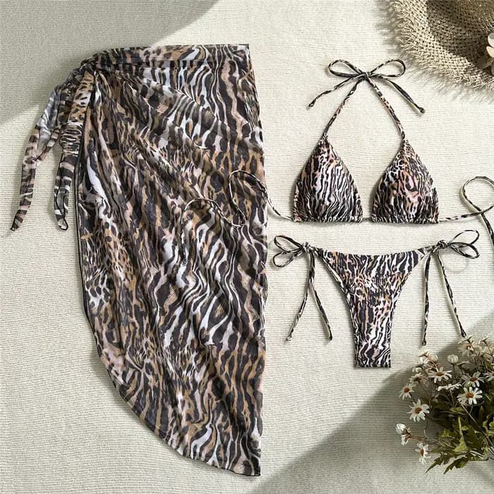 Maillot de bain trois pièces pour femme, motif léopard avec sarong, bikini à bretelles, ensemble de maillot de bain rembourré, V7845