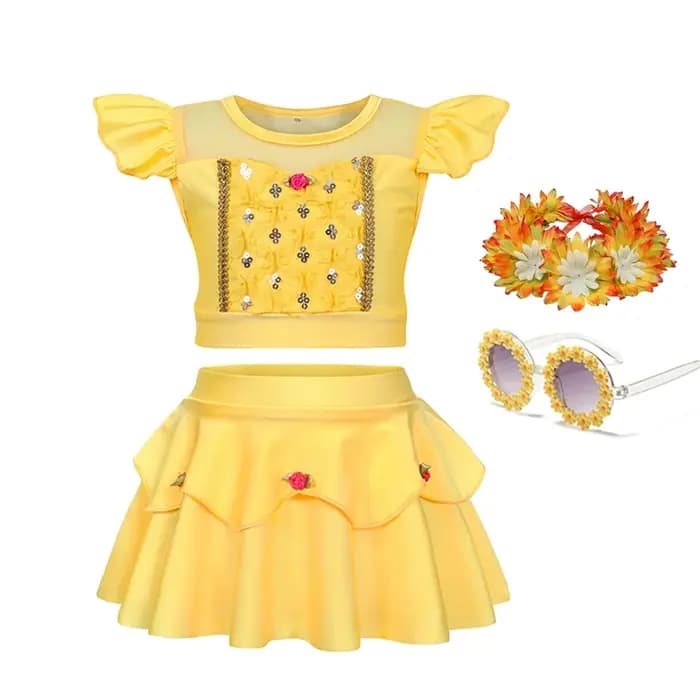 Maillot de bain pour filles sur le thème de Belle, inspiré de La Belle et la Bête, avec broderie florale et lunettes de soleil assorties pour fête au bord de la piscine
