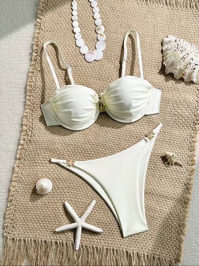 Ensemble bikini push-up blanc crème à armatures, avec accent décoratif étoile de mer, taille haute à
