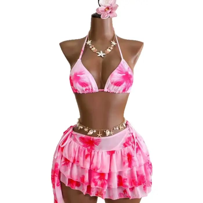 Ensemble bikini 3 pièces pour femme à imprimé hibiscus avec jupe à volants en maille