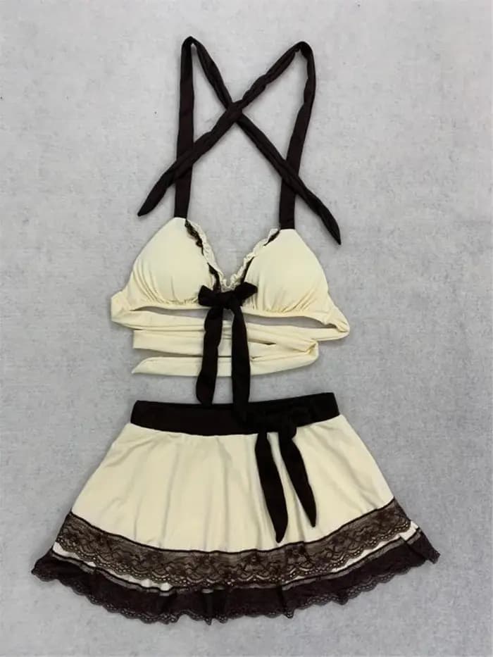 Ensemble bikini jupe beige d'été avec dentelle et nœud, style Y2K, mignon et tendance, pour la plage, la piscine, les vacances, maillot de bain féminin