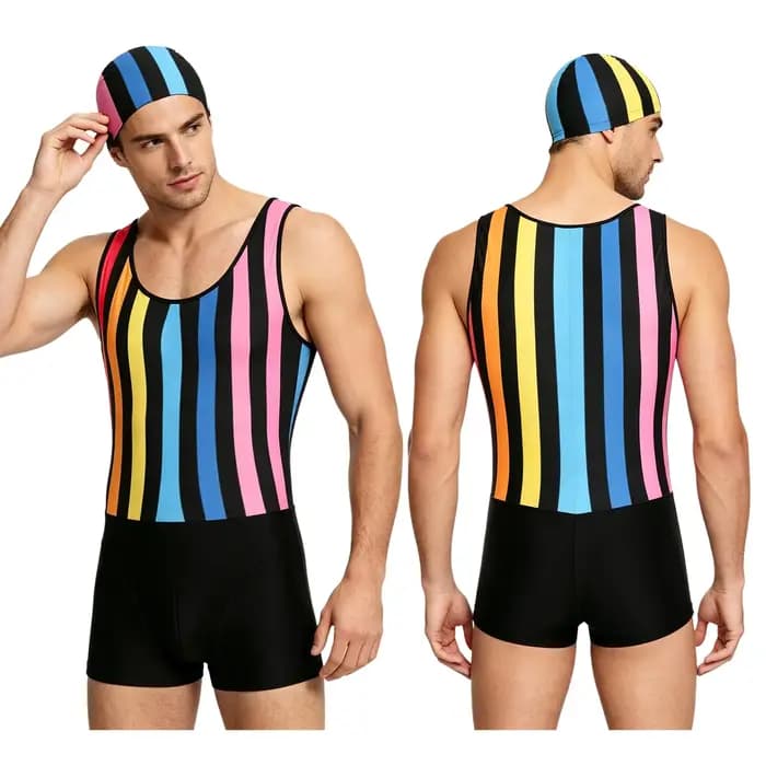 Maillot de bain une pièce pour hommes, à séchage rapide, avec bonnet de bain, décolleté bas, sans manches, rayé, pour la plage et la natation