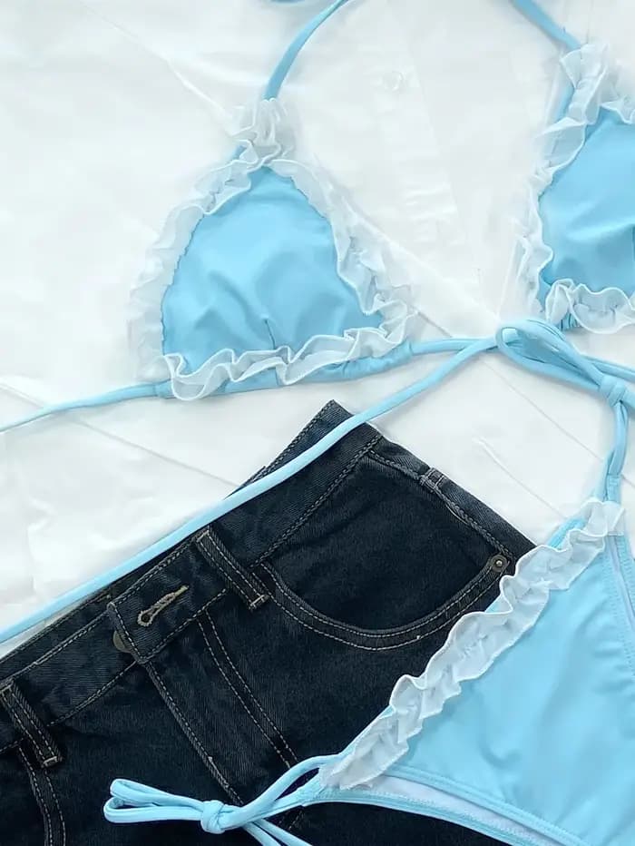 2026 Ensemble de bikini sexy pour femme, maillot de bain triangle en dentelle à col licou, bleu ciel, pour la plage