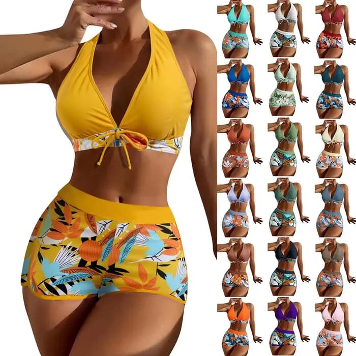 Femmes lambrissé imprimé maillot de bain dames mode Sexy fendu Boxer taille haute