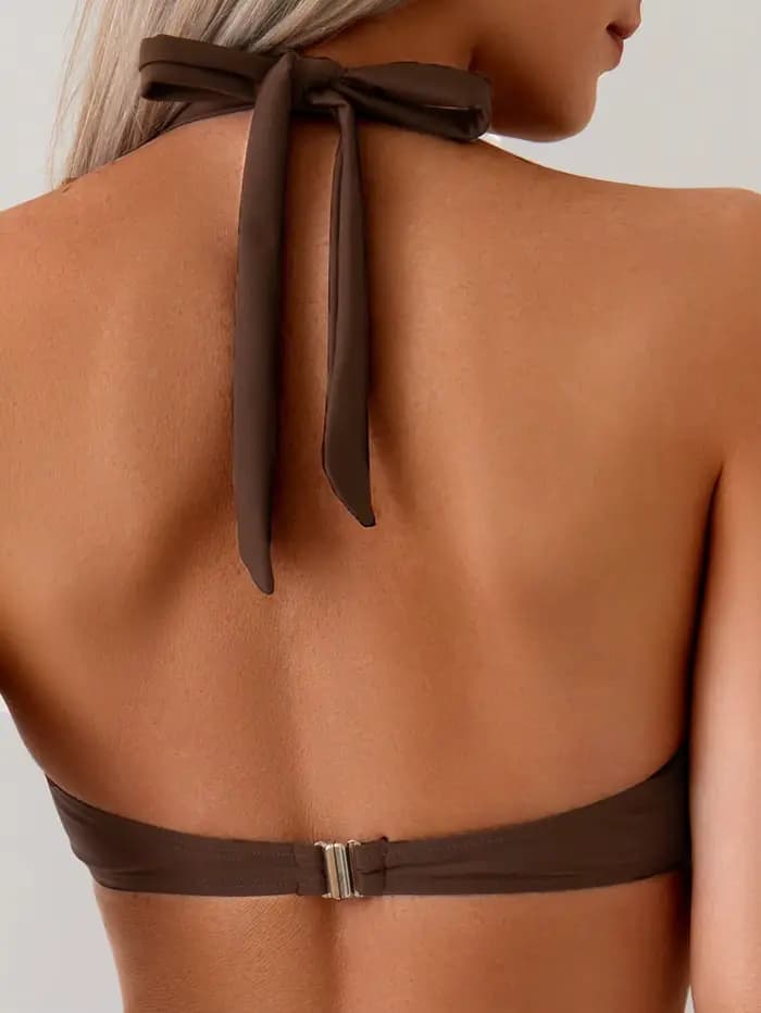 Ensemble bikini sexy couleur unie à licou et laçage, taille basse, deux pièces, maillot de bain triangle string brésilien pour femme